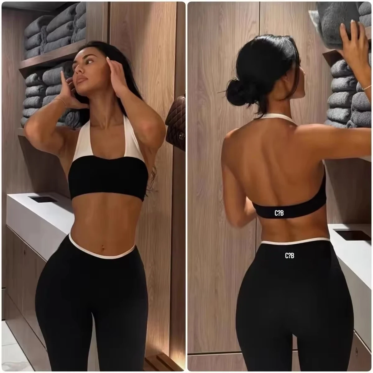 C-B Women Color Block Halter Sports Bra High Waist Biker Shorts Yoga Leggings Peach Butt Gym Pilates Workout Fitness Activewear