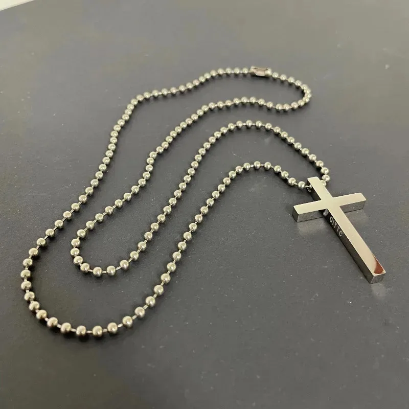 OITTC 3mm Wide Pure Titanium Bead chain with Glossy Pure Titanium Cross Ultra Light Anti Allergic Man Woman Necklace Classic