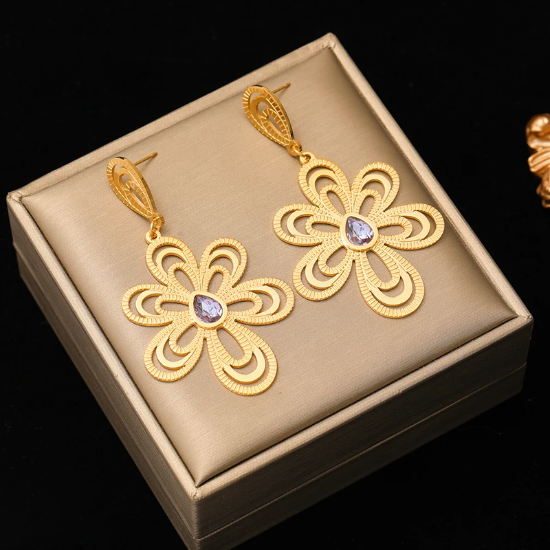 EILIECK 316L Stainless Steel Gold Color Flower Tassel Earrings For Women Girl Fashion Non-fading Ear Jewelry Party Birthday Gift