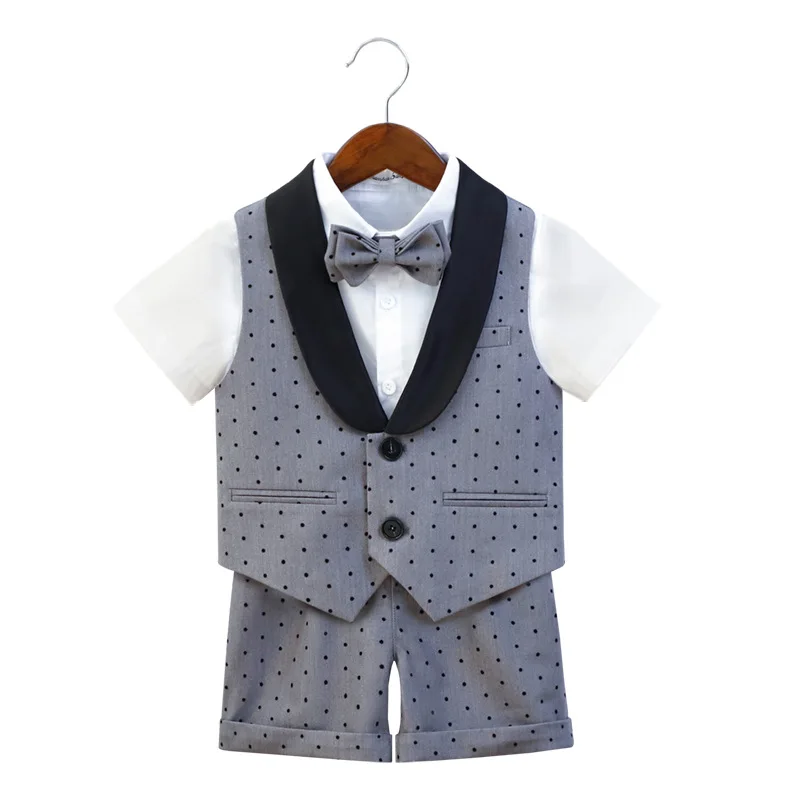 Children Dot Vest Shirt Shorts Bowtie Photography Suit Kids Wedding Birthday Party Costume Boys Breathable Summer Dress School