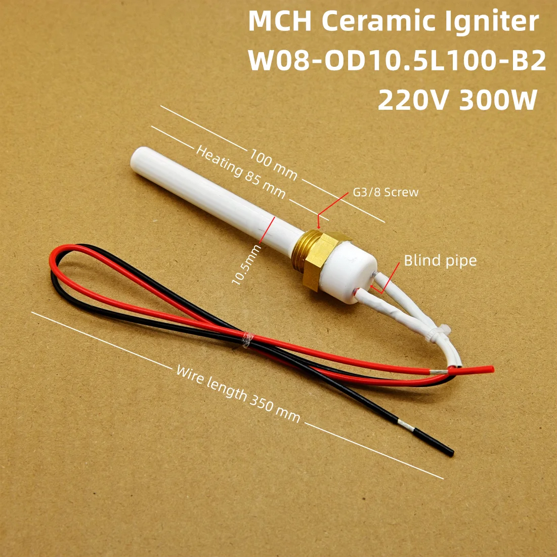 Encendedor de cerámica de rosca, tubo de calefacción de 220V, 300W, 3/8 pulgadas, bujía para Estufa de pellets