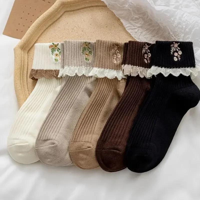 Japanese Kawaii Cute Socks JK Lolita Lace Frilly Ruffle Socks Women Fashion Flower Embroidery Harajuku Retro Vintage Crew Socks