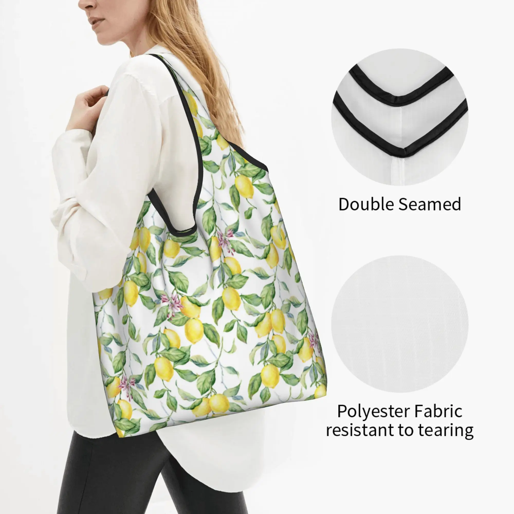 Tropical Fruit Summer Lemon Groceries Shopping Bags Fashion Shopper Tote Shoulder Bags Large Capacity Portable  Handbag