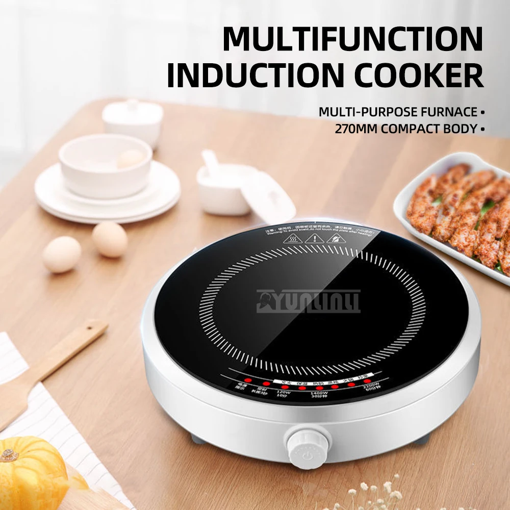 Portable Round Smart Induction Cooker Household 2200W High Power Induction Cooker Black Microcrystalline Panel