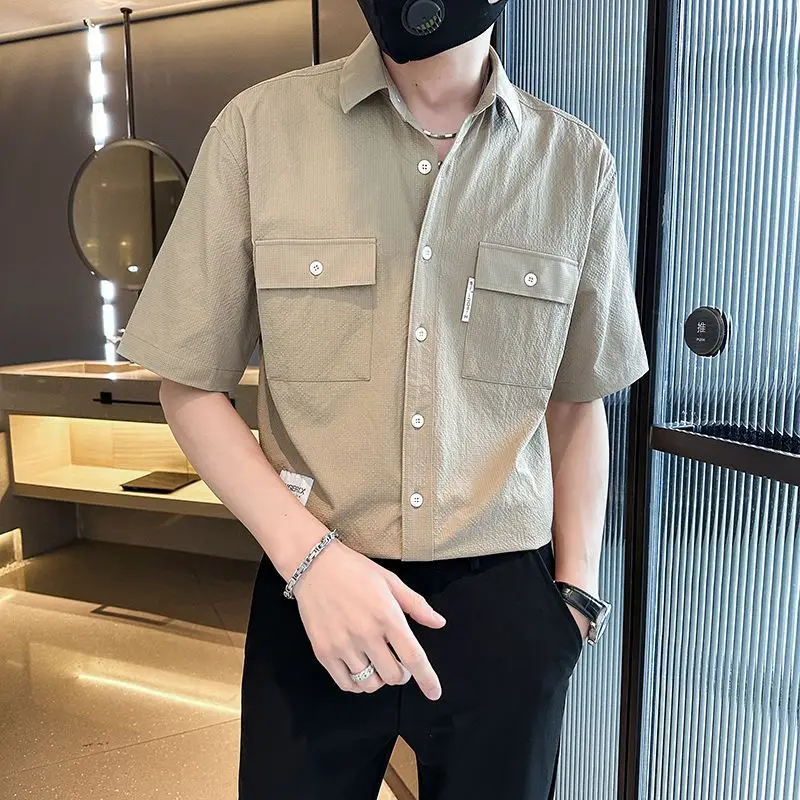 2024 Summer New Men's Polo-Neck Screw Thread Button Pockets Solid Color Stylish Loose Casual All-match Half Sleeve Shirt Tops