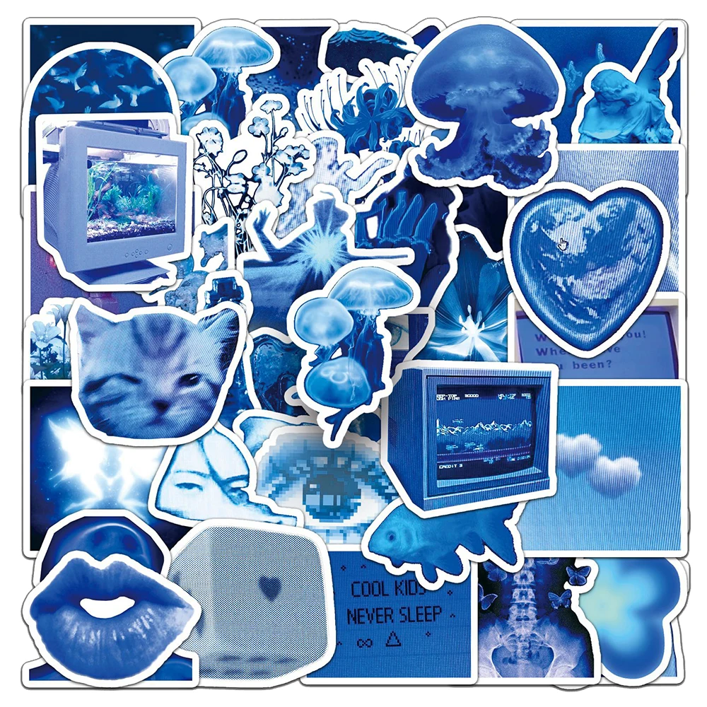

10/30/50pcs Ins Style Pixel Blue Aesthetic Art Stickers Creative Graffiti Sticker Guitar Water Bottle Phone Bike Cartoon Decals