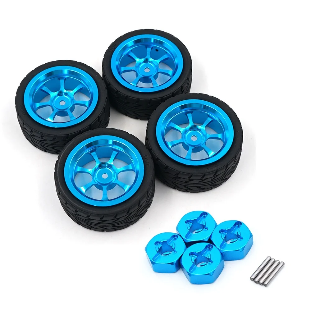 1:18 Scale Metal Alloy Wheel Hub Upgrade Kit For WLtoys RC Car With 7 To 12mm Coupling Adapters – Set Of 4 Wheels With Blue Fini