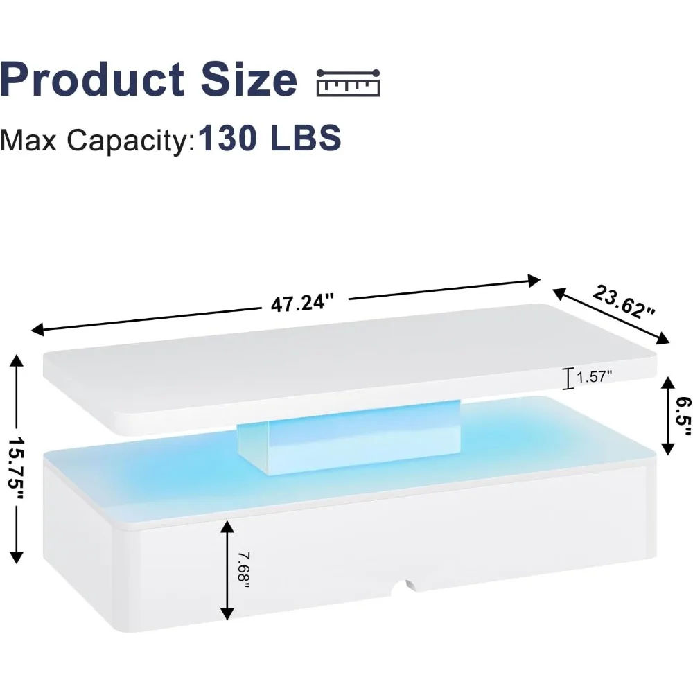 LED-Illuminated Rectangular Coffee Table, 47, 2-Tier Storage, 16 Color Options, Large Capacity Centerpiece