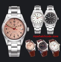 Nolgo36mm Tandorio Vintage Military Field Diver Watch Red Arrow Hand Mechanical Men Wristwatch NH35 Movt Pilot Style Salmon dial