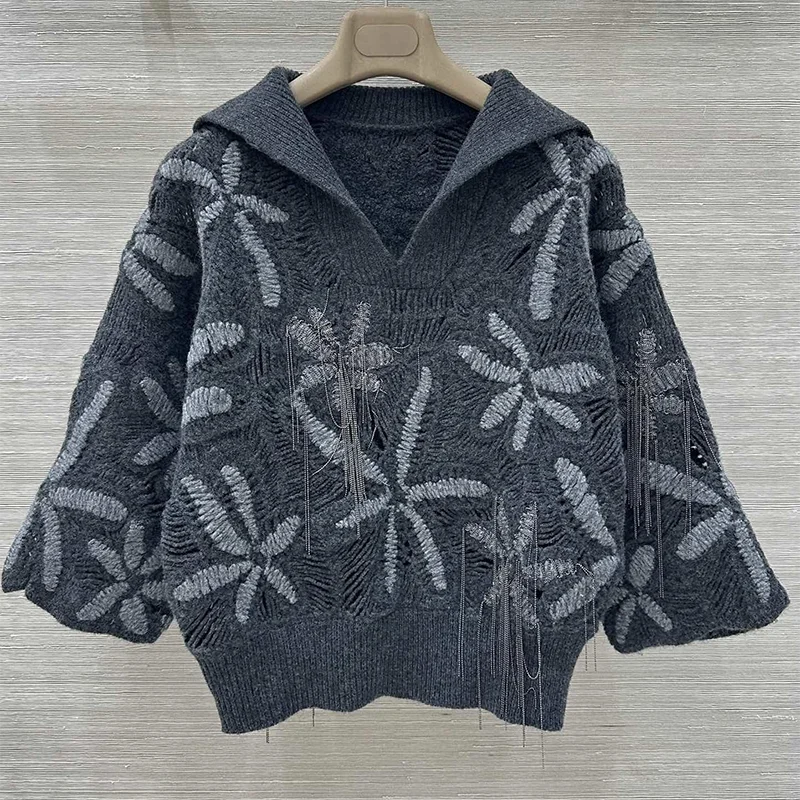 

High quality Fluffy Beaded woman Loose Knitwear Comfortable big Collar Sweater pullover female clothes 25121849