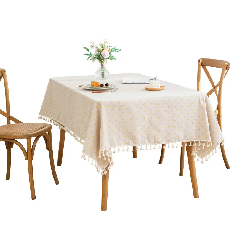 Small Daisy Imitation Cotton Linen Tablecloth Japanese Printed Dining Tablecloth Tassel Lace Tea Table Decorative Cloth