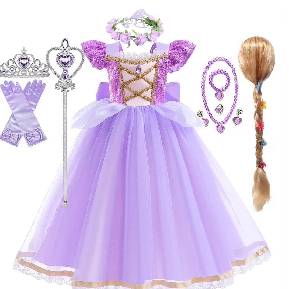 Rapunzal Girl Princess Dress Cosplay Tangled Halloween Birthday Party Vestido Kids Birthday Costume