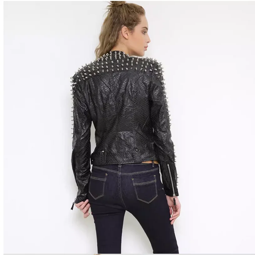 Autumn and winter rivet lychee PU leather jacket for women, punk rock style short jacket