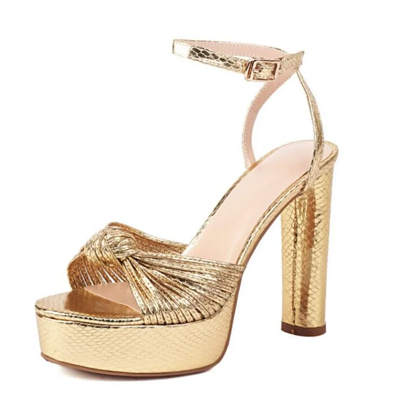 Golden Metallic Leather Heel Pumps Shoes Knot Front Open Toe High Platform Chunky Sandals Ankle Strap Summer Shoes