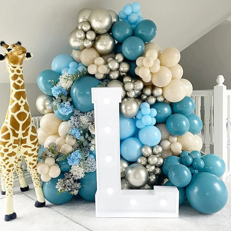 بالونات زرقاء مغبرة طقم جارلاند الضباب الأزرق الملكي الأزرق الباستيل الأزرق الرمال الأبيض لامع الذهب بالونات اللاتكس لاستحمام الزفاف Weddi