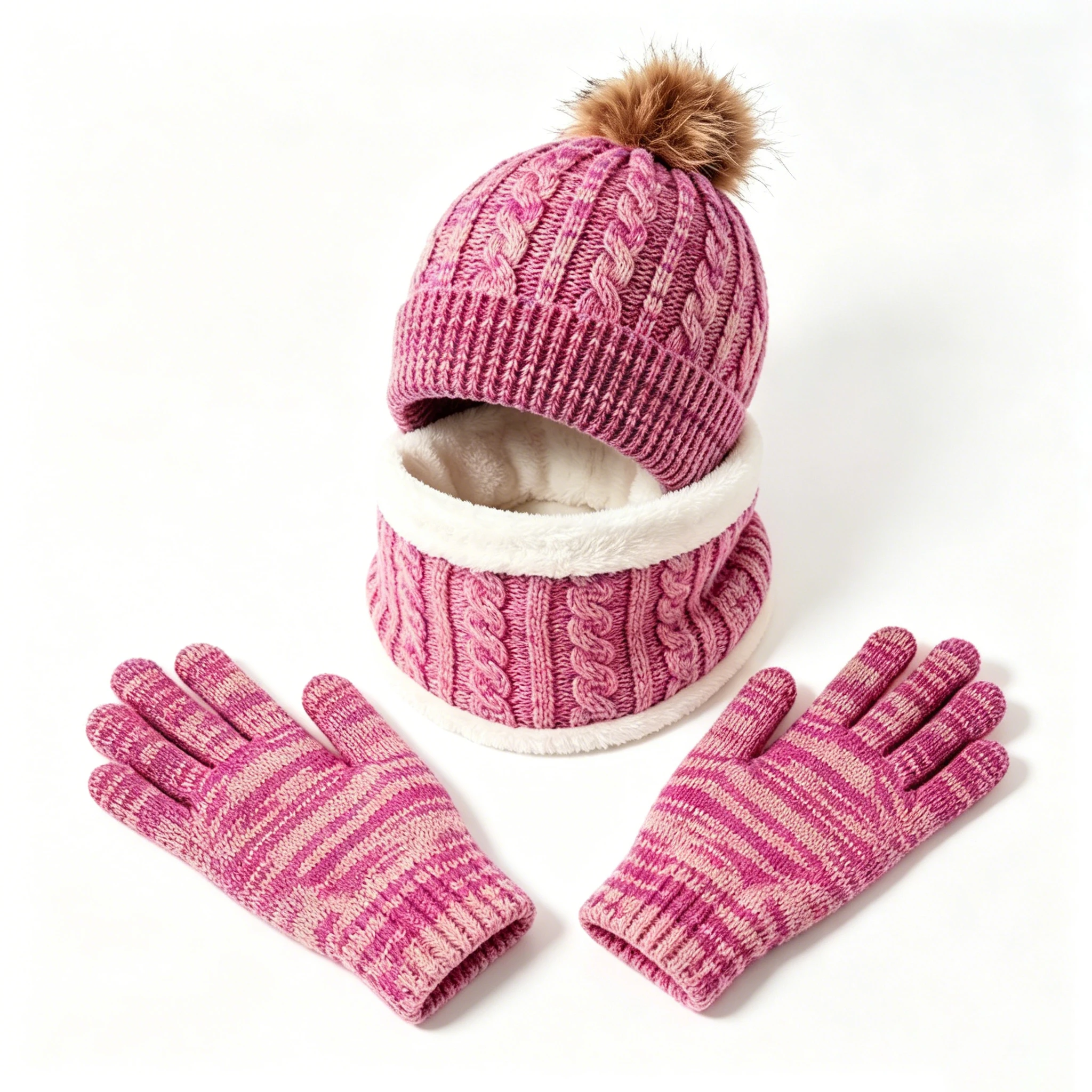 3Pcs Kids Pom Pom Knitted Hat Scarf Gloves Set Fleece Lined Winter Warm Children Beanie Neck Warmer Full Finger Gloves