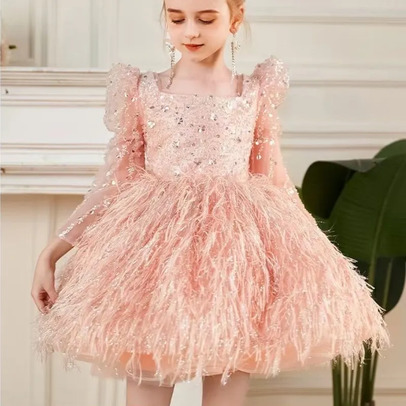 Fashion Baby Girl Princess Sequin Feather Dress Puffy Sleeve Infant Toddler Child Vestido Party Birthday Baby Clothes 12M-14Y