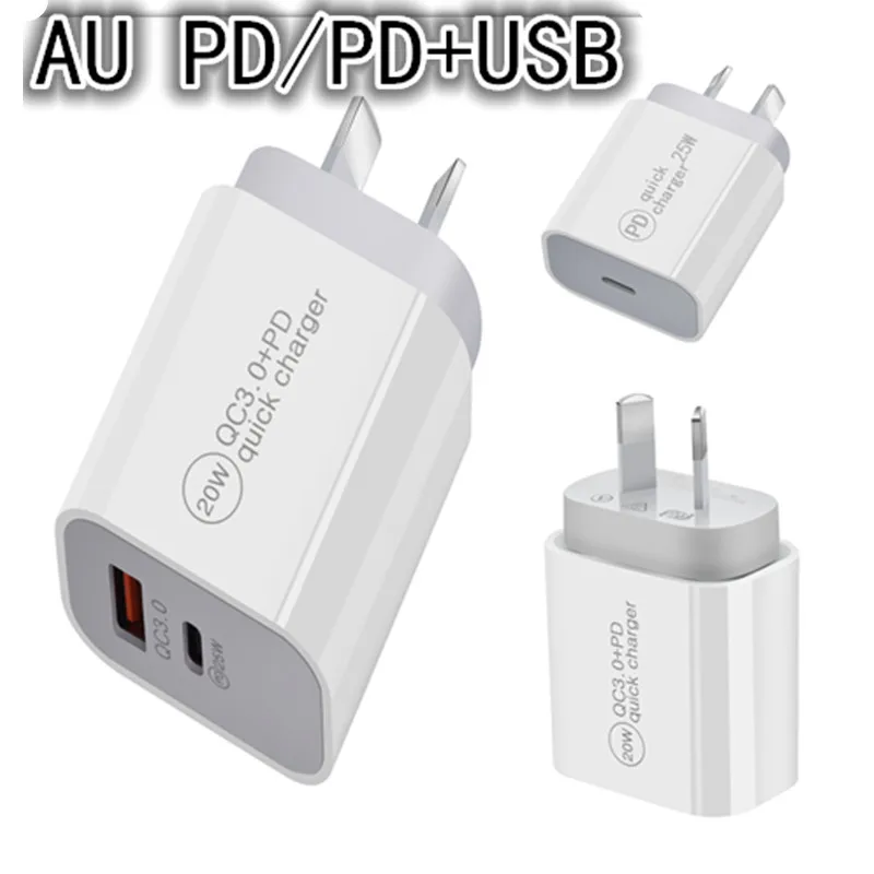 For iPhone 12 13 14 Pro Max 25W 20w Fast Charging PD Charger Qc3.0 USB Type C AU Travel Power Adapter Australia New Zealand