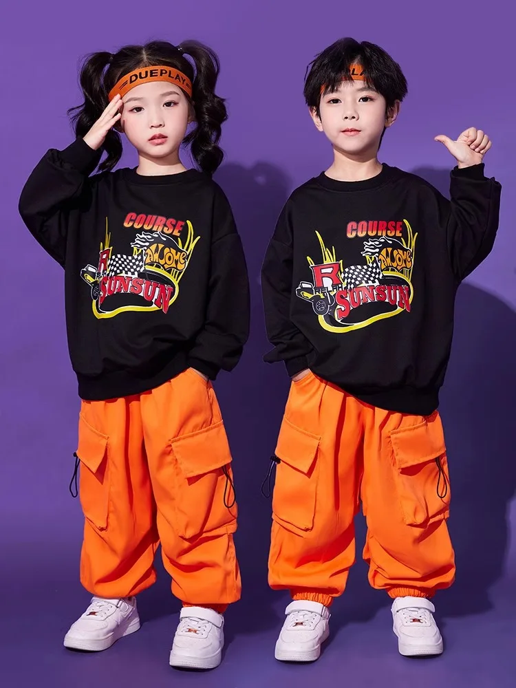 

Kid Hip Hop Clothing Black Print Sweatshirt Top Orange Casual Jogger Cargo Pants for Girl Boy Jazz Dance Costumes Wear Clothes