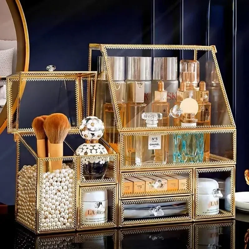 

Luxury Glass Cosmetic Storage Box Dressing Table Desktop Skin Care Products Perfume Jewelry Drawer Storage Box