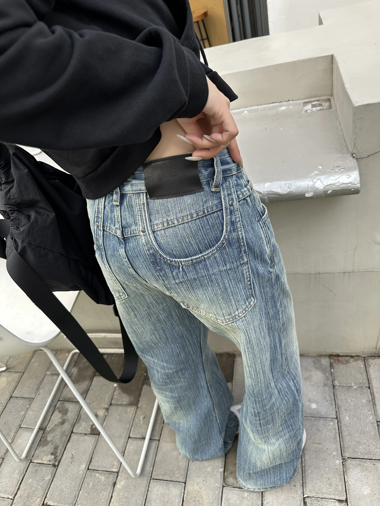 

Джинсы с низкой талией и бамбуковой текстурой, женские свободные прямые американские повседневные ретро джинсы светлого цвета, уличная одежда для горячих девушек