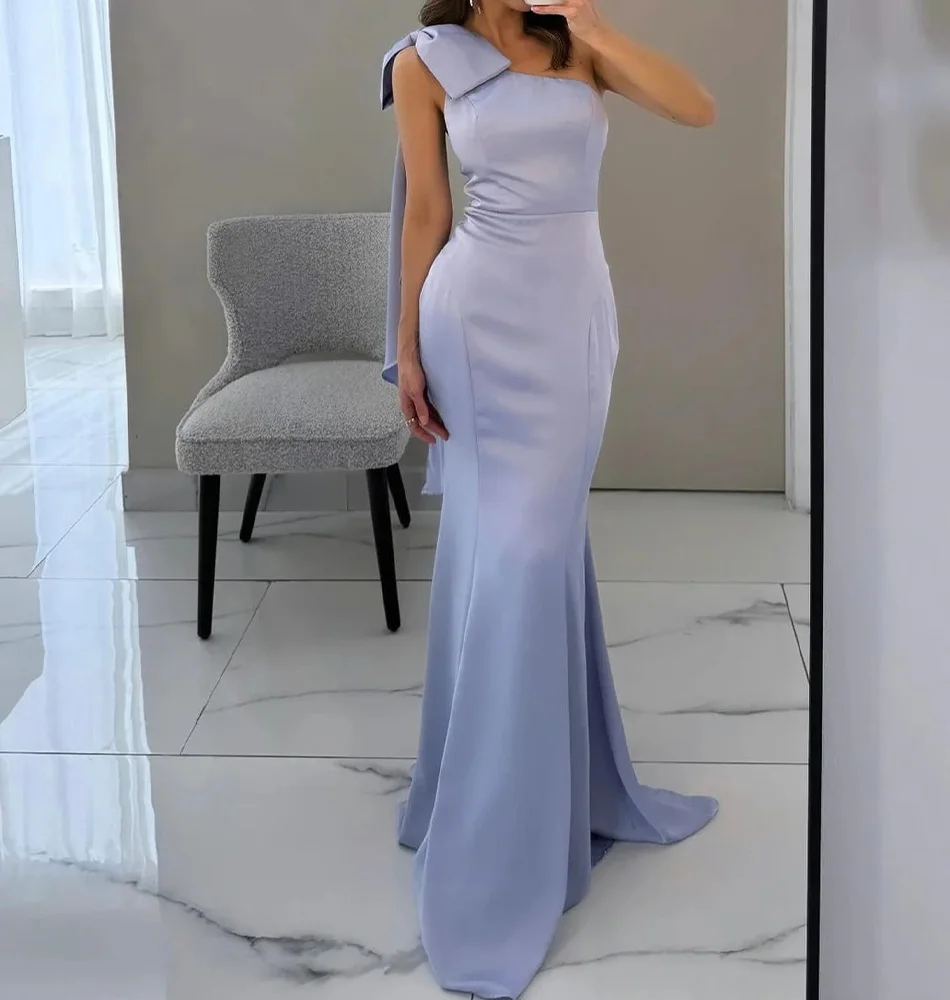 

Customized Elegant Bow One Shoulder Satin Evening Dresses Fashion Straight Floor Length Sleeveless Custom Size Celebrity Dress