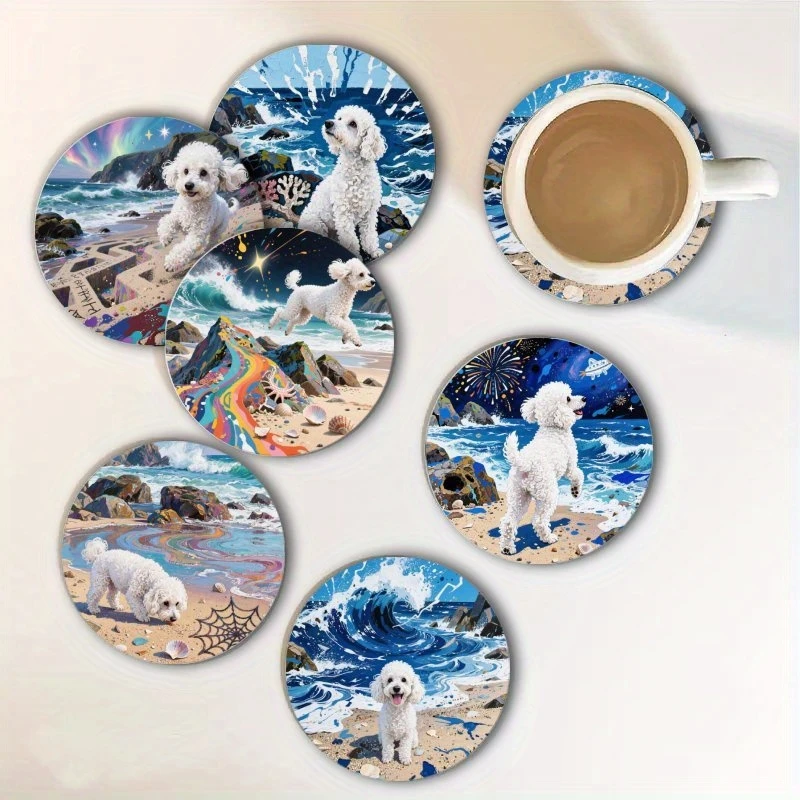 2D Cartoon Bichon Frise Poodle Dog Wooden Coaster Heat-resistant Fun Colour Printing Cup Mat Table Decor Cafes Restaurants Gifts view 3