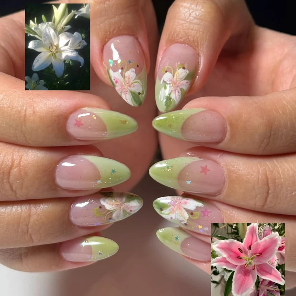 

24PCS Medium Press on Nails Fresh Lily Fingertip French Green Almond Flower Fake Nail Star Shiny Artificial Wearable Tips