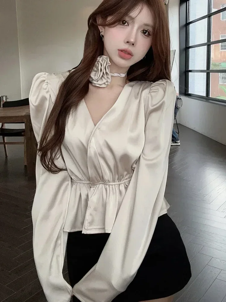 

3d Floral Satin Shirt Women Long Sleeve Elegant Vintage Blouse Korean Casual Sexy V Neck Slim Female Champagne Tops Spring