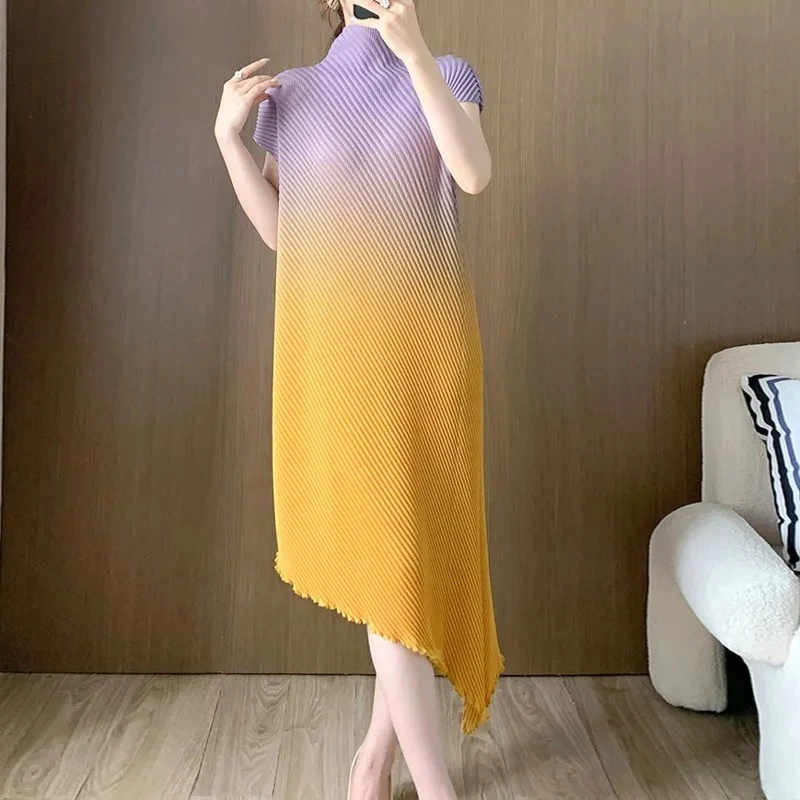 

2025 Summer New Women Dress High Neck Short Sleeve Gradient Color Retro Irregular Design Women Dress Evening Dress Female