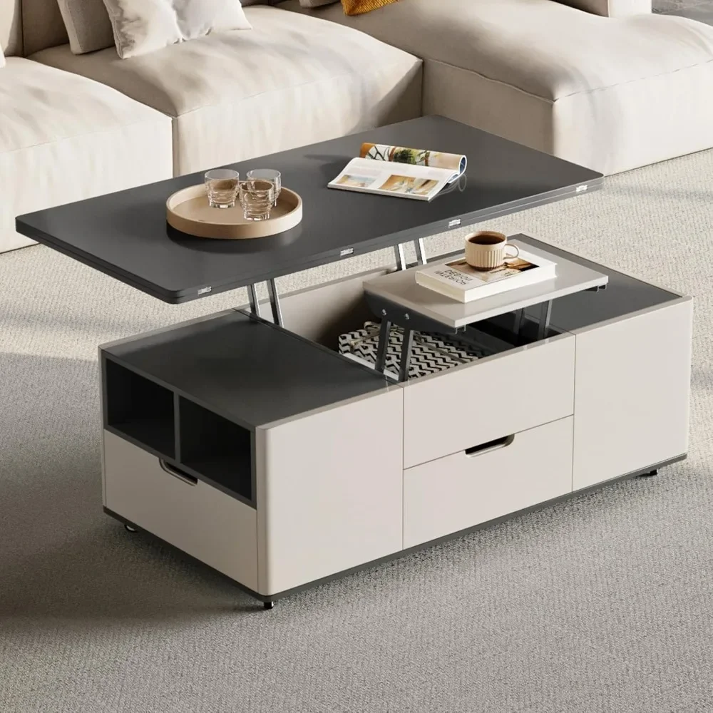 Table basse avec 4 pistes, tables centrales avec rangement GNE, tables de canapé peu encombrantes, table basse relevable