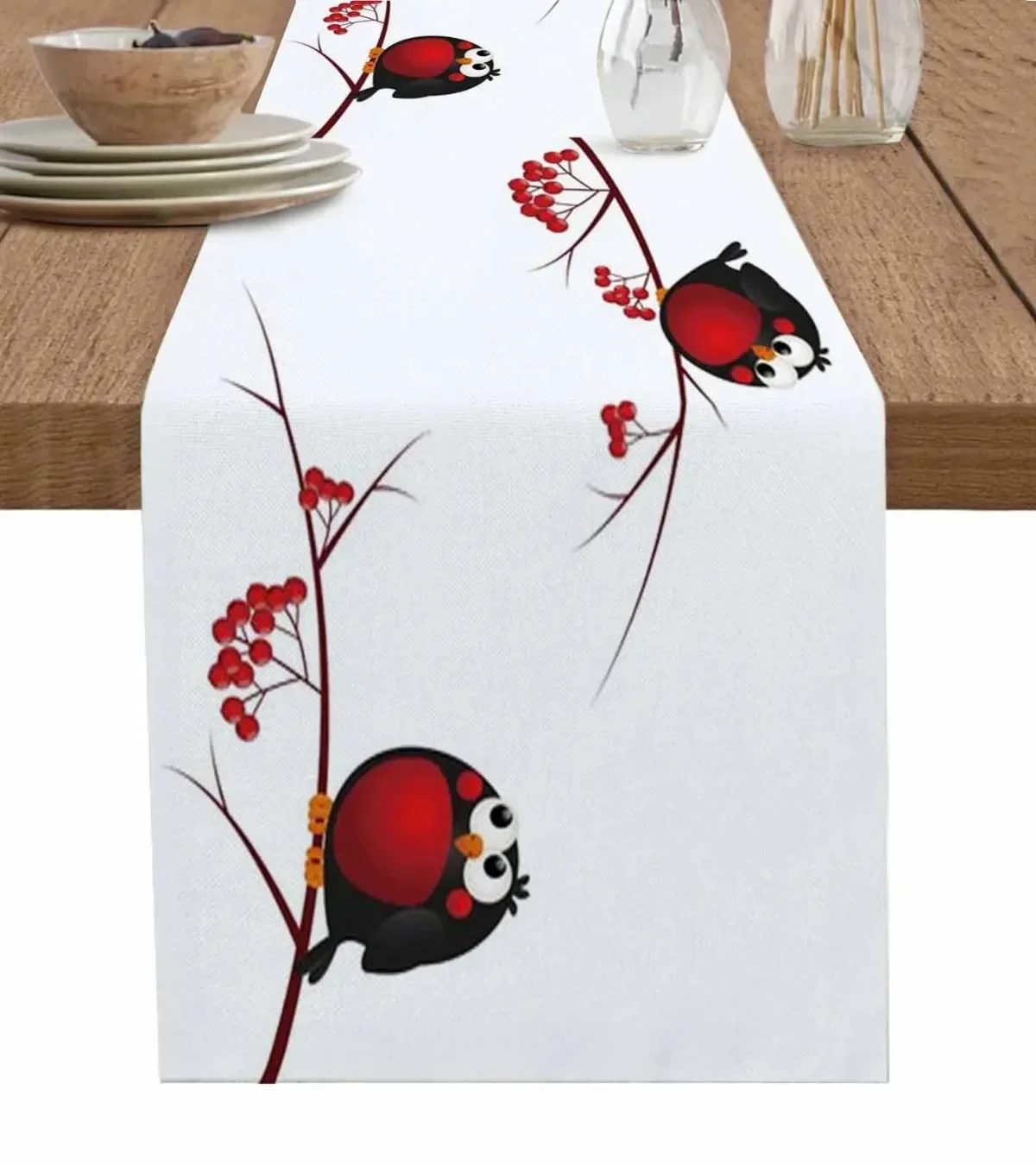 Cute Warbler Bird Branch Fruit Table Runner Wedding Dining Table Decoration Xmas Dining Tablecloth