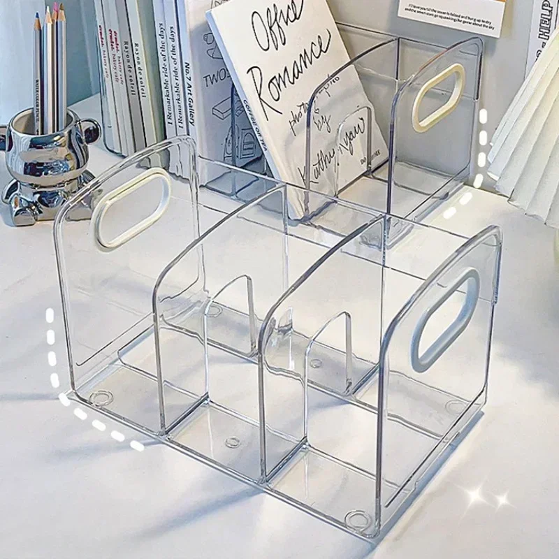 Convenient Clear Acrylic Bookends with Handle Desk Organizer Divided Book Stand Desktop Sorting Rack Study Supplies