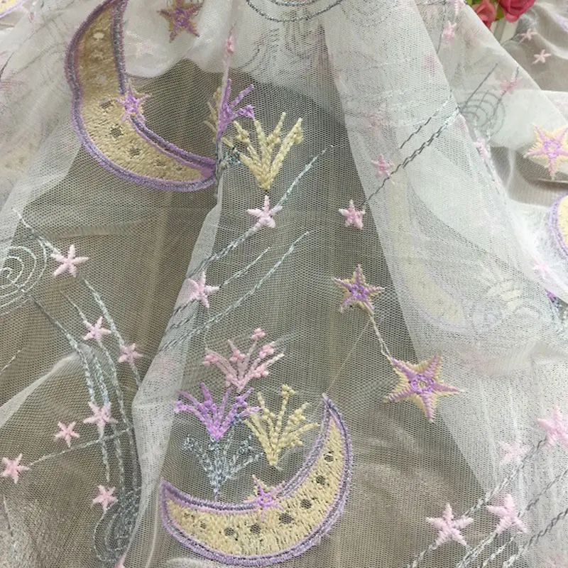 

1yard Moon Stars Embroidered Mesh Fabric for DIY Wedding Dress Children's Wear Sewing Star Moon Grass Embroidery Lace Fabric