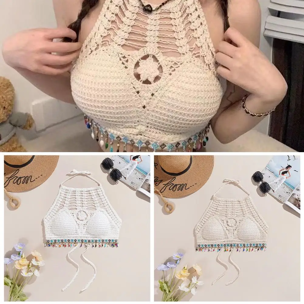 Sexy Summer Beach Vacation Open-back Fringed Tank Top Fashionable Pad Chest Knit Top Bikini Vest Hollow Comfortable D3G0