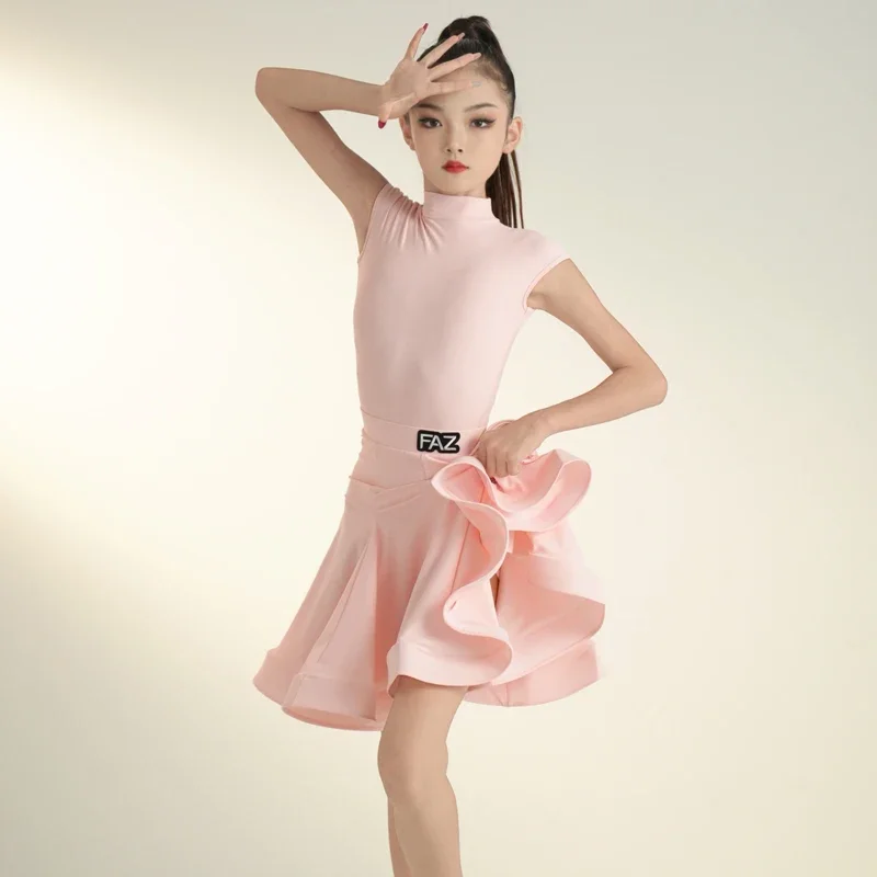 

Children's Latin Dance Competition Dance Dress for Girls Professional Standard Bag Shoulder Sleeveless Quality Dance Skir