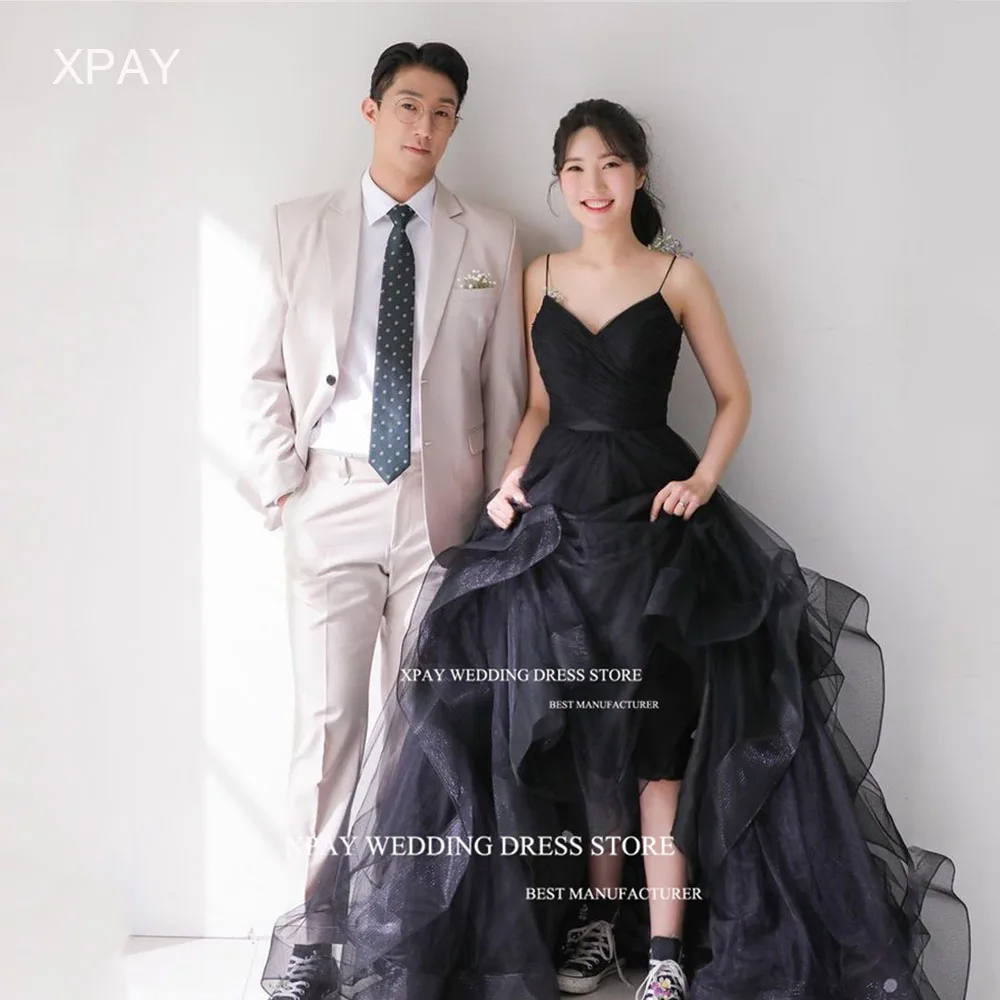 

XPAY Sweetheart Black Korea Evening Dress Ruched Tiered Wedding Photos Shoot Prom Gowns Spaghetti Straps Formal Occasion Dress