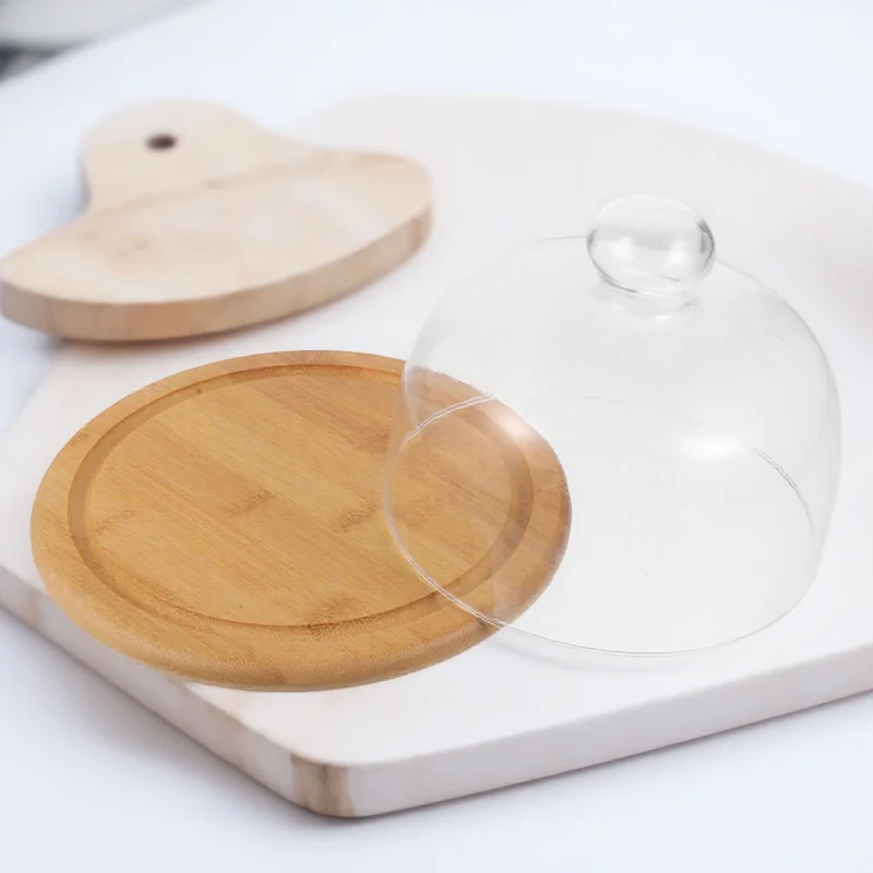 

1Pcs Cake Display Plate Bamboo and Glass Cover Dessert Serving Tray Household Convenient Pastry Plate Stable Food Tray