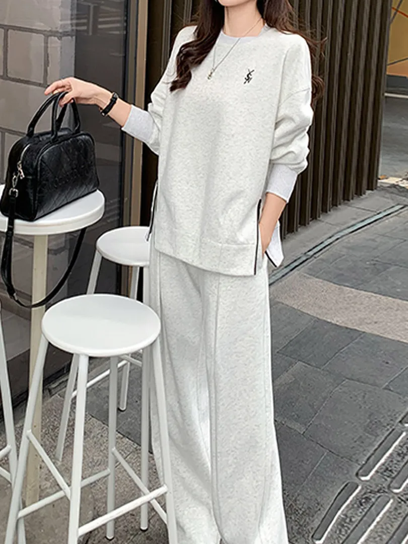 

Early Autumn Casual Sportswear Set Small Size Loose Sweatirt Wide Leg Pants Two Piece Set High Waist Long Sve round Ne