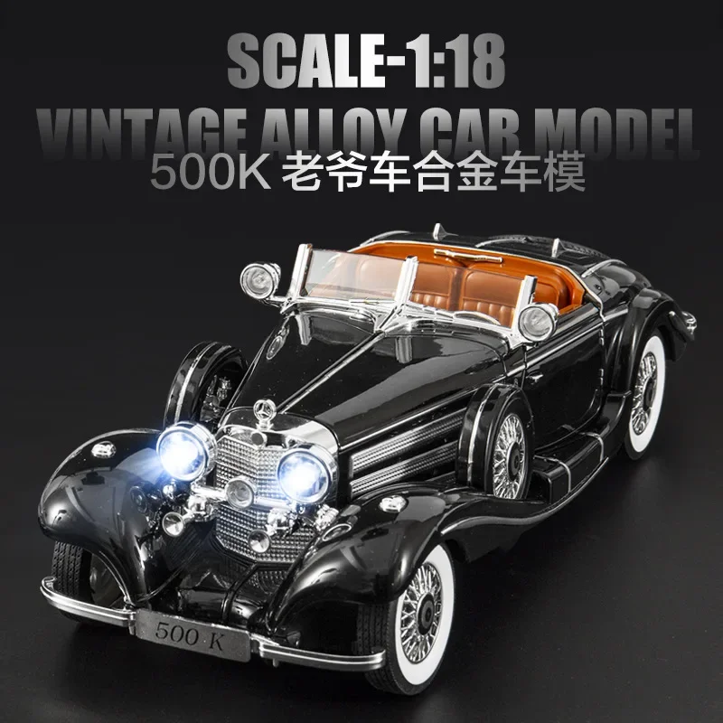 子供用合金車のおもちゃ,1:18メルセデスベンツ500k,ダイキャスト,金属,音と光,車を引く