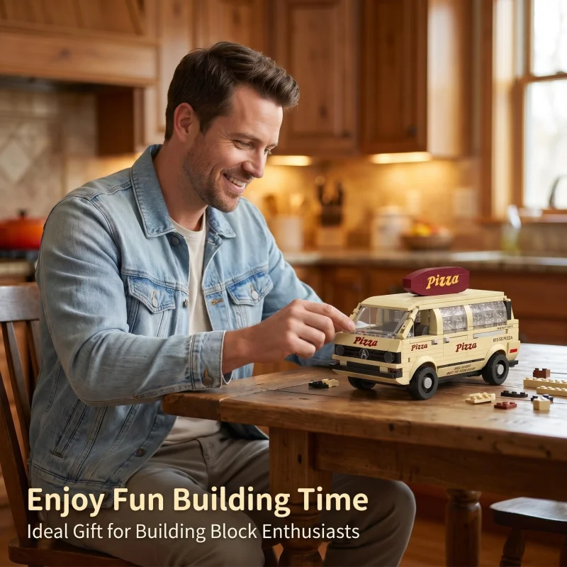 

1980s Retro Pizza Delivery Van Building Block Set Model, with Rich Interior and Rooftop Sign Details, a Collectible Model for Mo