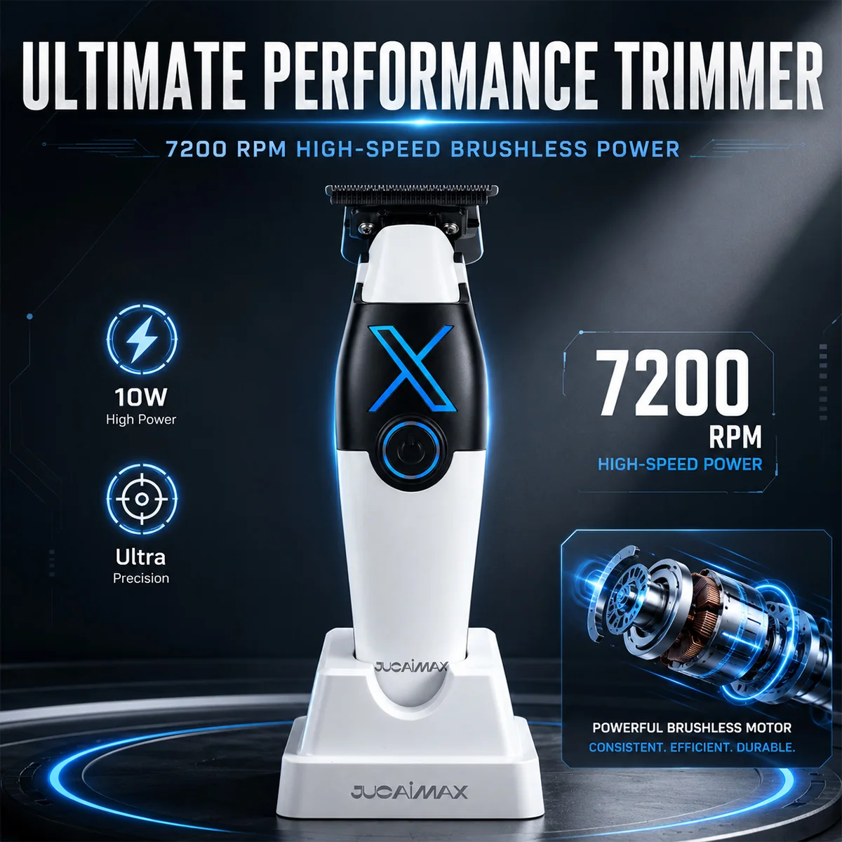JUCAI X02 Hair Trimmer for Men PHANTECHO2.0 DLC Blade Zero Gapped Brushless Motor Cordless with Dock Professional Hair Clipper