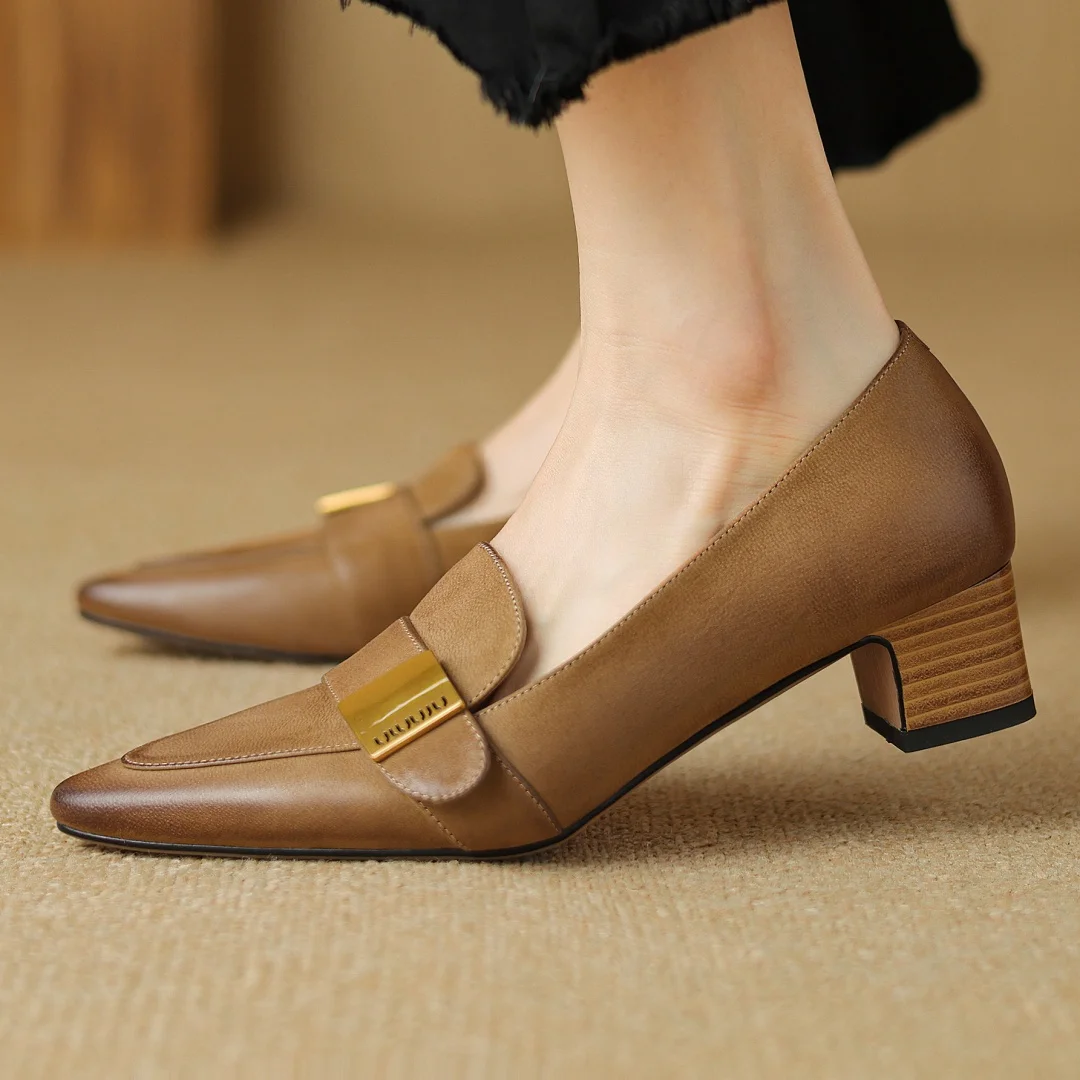 

Large size 34-42 women's genuine leather pointed toe slip-on pumps metal buckle thick low heel elegant ladies soft comfort shoes