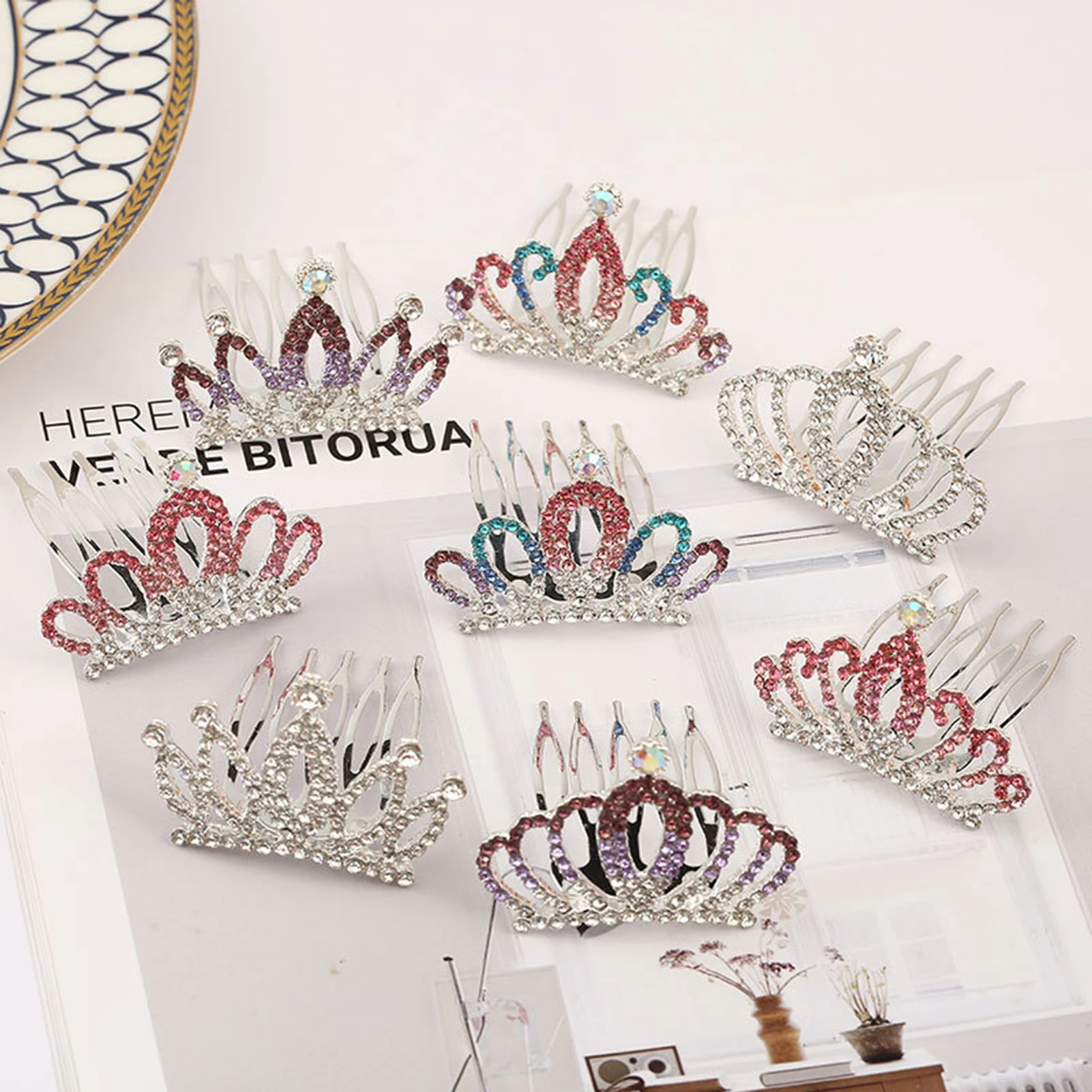 Girls Kids Princess Crown Mini Cute Flower Crystal Rhinestone Hair Combs Birthday Party Tiaras Decor Jewelry Hair Accessories