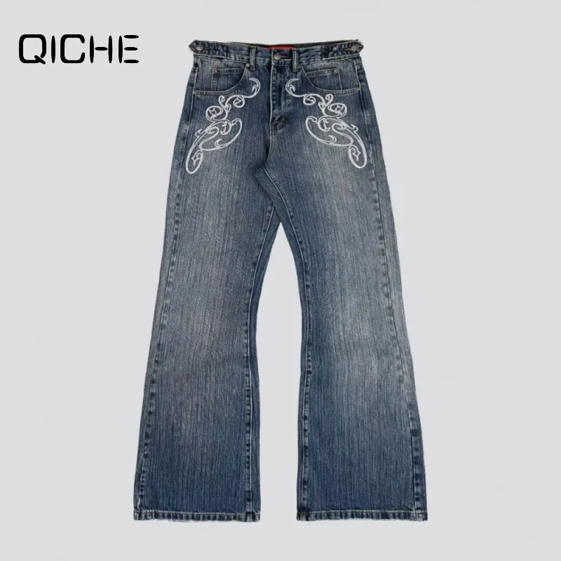 QICHE 2026 Unisex Y2K American Vintage Printed Jeans Harajuku Washed Distressed High‑Street Flare Couple Denim Pants