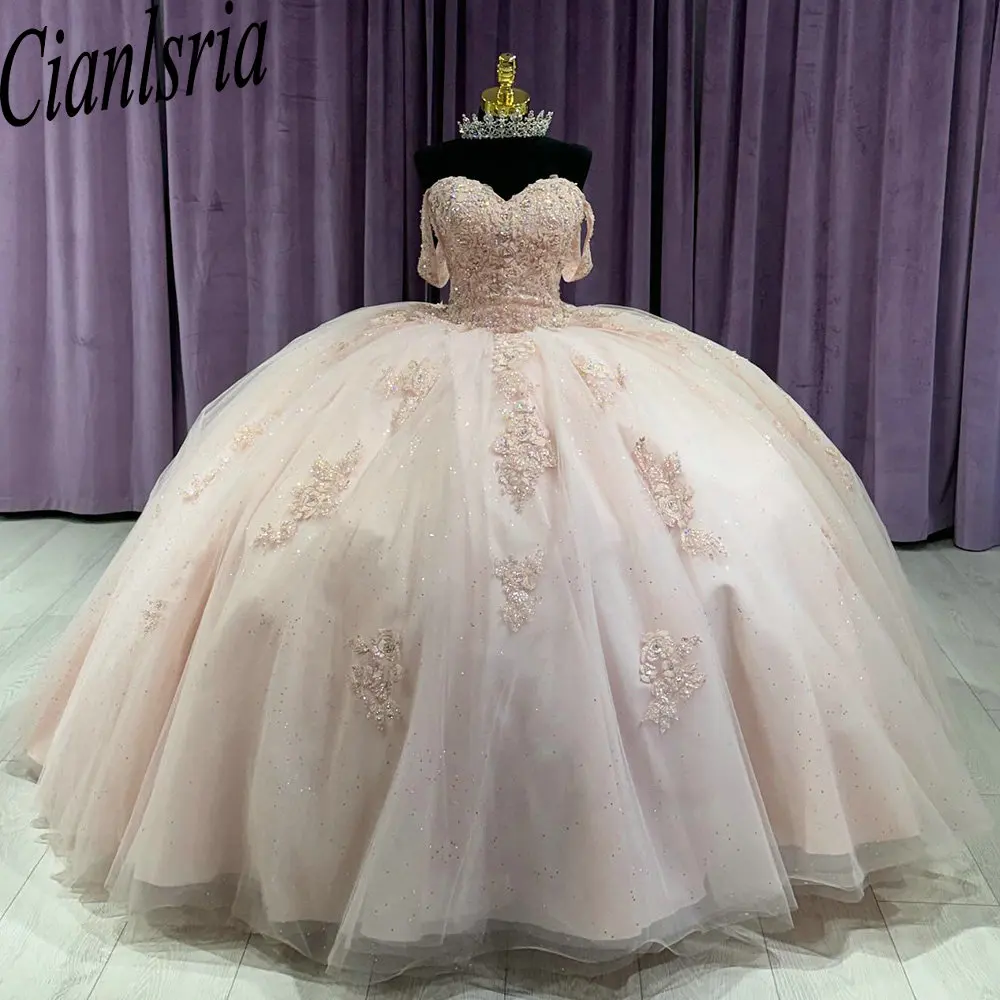 Vestido De baile De quinceañera con hombros descubiertos, traje De encaje, corsé, apliques florales, color champán, 15 Años