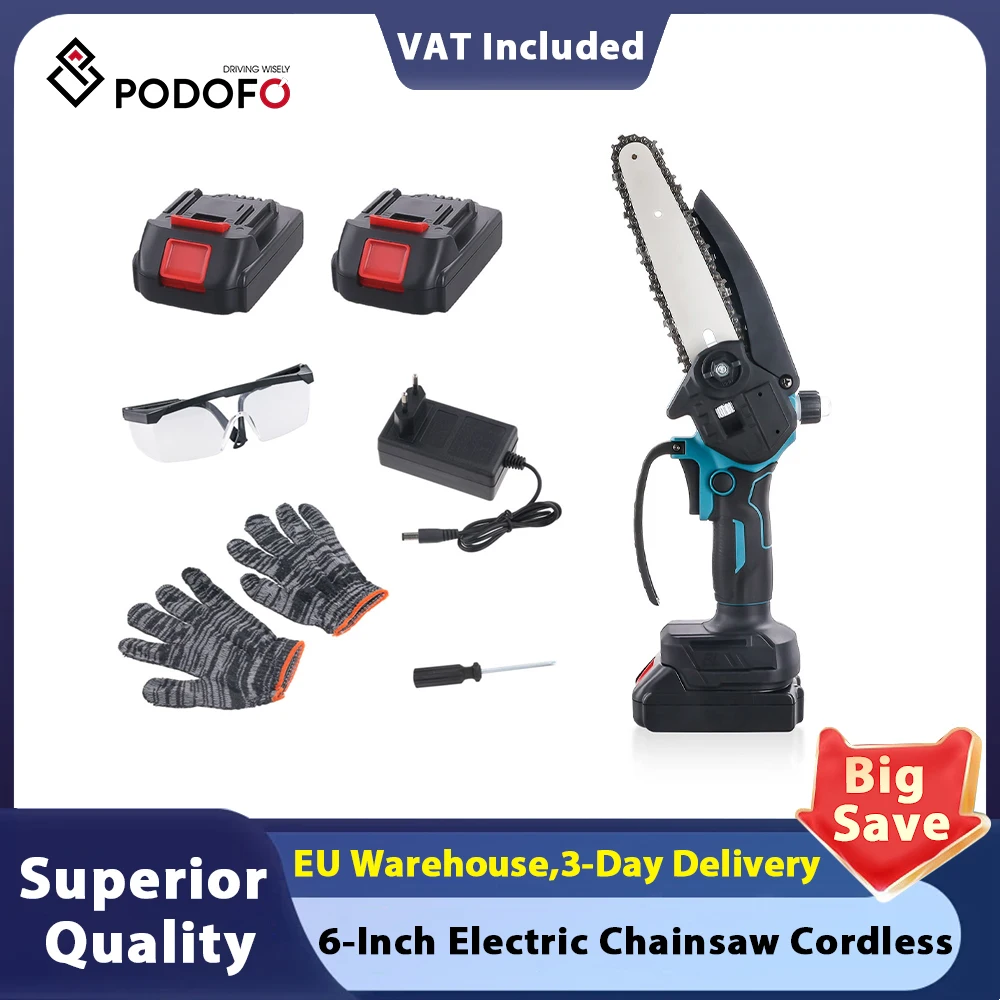 Podofo Mini tronçonneuse électrique sans fil de 6 pouces, scie à chaîne à batterie pour la coupe d'arbres en bois, les Branches, la cour et la maison