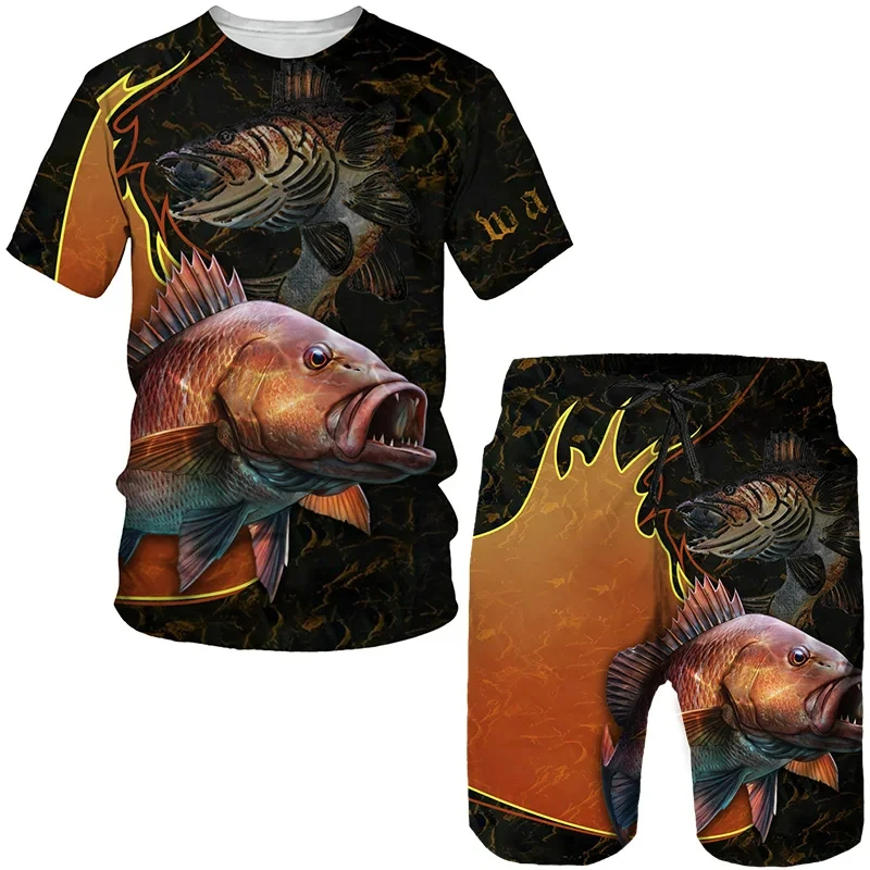 T-shirt et short à motif de pêche à la carpe pour hommes, ensembles de shorts décontractés, impression 3D, vêtements respirants pour hommes,