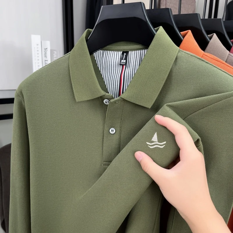 

100% pure cotton light luxury brand men's long sleeved polo shirt spring autumn fashion sailing golf boutique top casual T-shirt