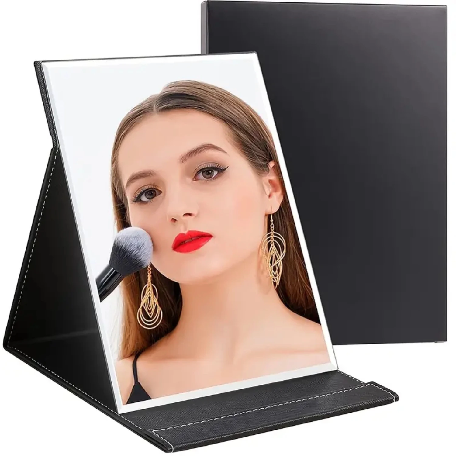 Grande specchio per trucco pieghevole portatile con supporto per viaggi, luce LED touch screen a luminosità regolabile, bellezza compatta